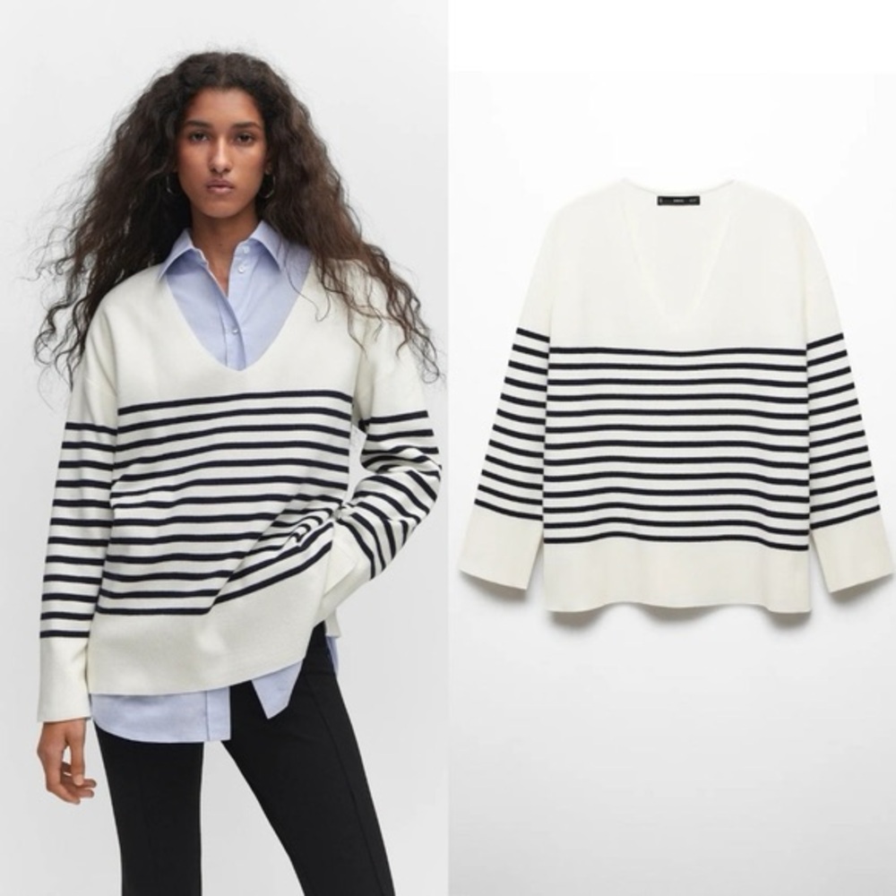 Mango Black and White Striped V-Neck Sweater